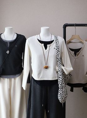 2025秋季新韩版假两件撞色刺绣收腰显瘦百搭长袖T恤5497强明女装