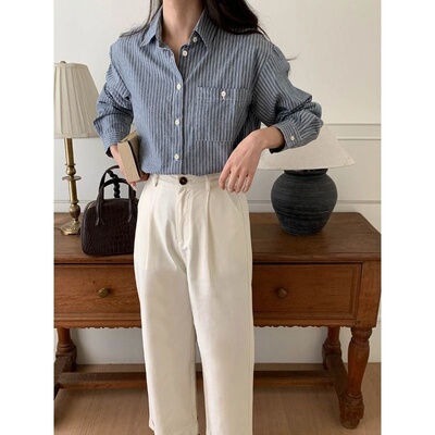 博主私服 韩系条纹叠穿衬衫短款早秋新款ZY1968 强明女装