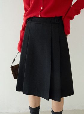 韩系毛呢半身裙女装高腰气质防走光a字裙子显瘦中裙11079强明女装