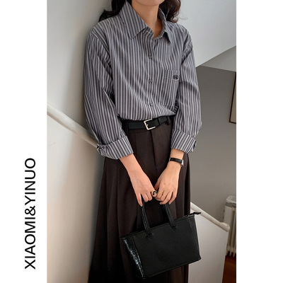 9434设计感刺绣条纹衬衫女2025秋季新款宽松显瘦长袖衬衣强明女装