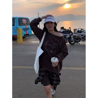 黄峥格纹数字卫衣抽绳中短裤女