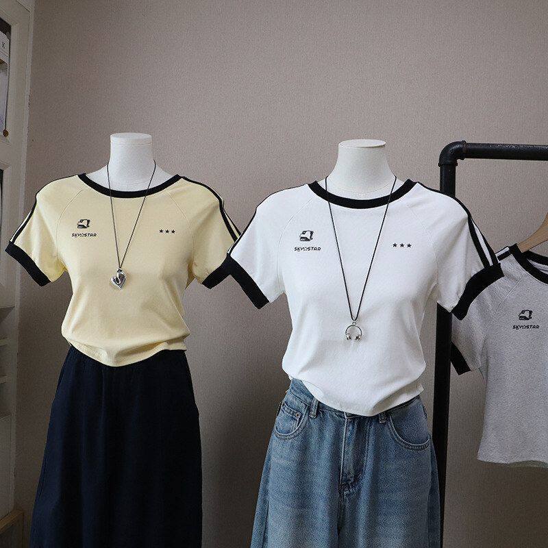 2026春夏新款韩版撞色条纹显瘦百搭休闲短款短袖T恤5763强明女装