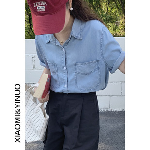 宽松上衣8652强明女装 水洗蓝短袖 中长款 女设计感2025新款 牛仔衬衫