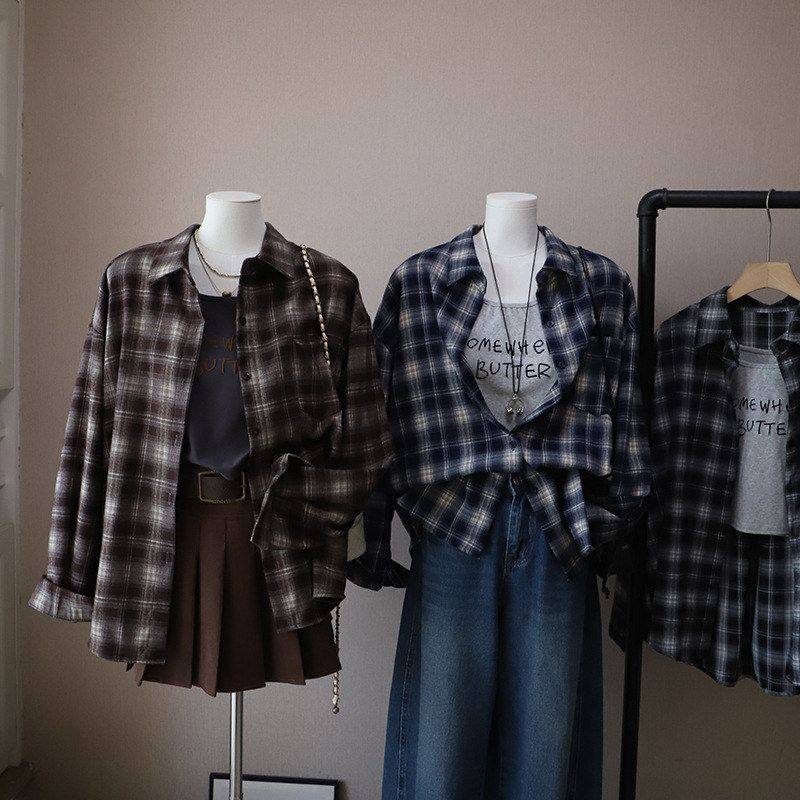 2025秋季新韩版格子磨毛长袖衬衫内搭字母背心两件套5023强明女装