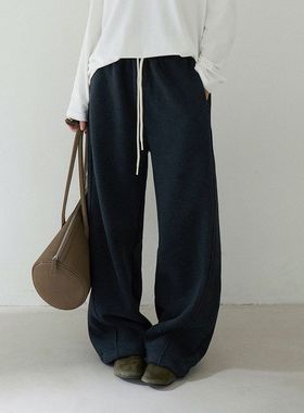 撞色加绒加厚阔腿裤冬季新宽松显瘦加厚休闲长裤子11080强明女装