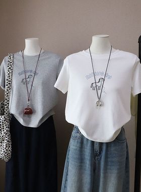 2026春夏新款韩版圆领字母卡通印花休闲百搭短袖T恤5876强明女装