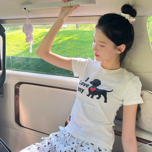 JCFS~美式复古小狗印花短袖T恤女2025夏季新款修身显瘦休闲上衣潮