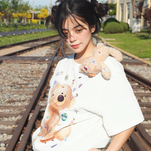 JCFS~美式复古小熊印花短袖T恤女2025夏季新款宽松显瘦休闲上衣潮