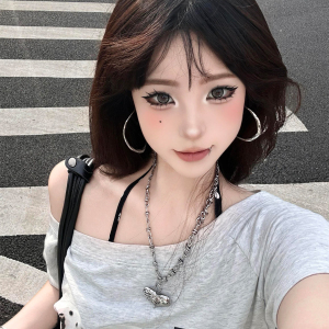 JCFS~美式复古字母印花短袖T恤女2025夏季新款宽松显瘦斜肩上衣潮