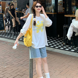JCFS韩系字母印花白色长袖t恤女2025夏季新款慵懒风轻薄罩衫上衣