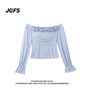 JCFS美式复古花朵一字肩长袖衬衫女2025春秋新款修身显瘦短款上衣