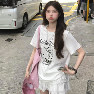 JCFS~美式高街卡通猫咪印花t恤女2025夏季新款显瘦减龄正肩上衣潮