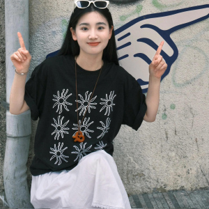 JCFS~美式复古太阳花印花短袖T恤女2025夏季新款宽松显瘦休闲上衣