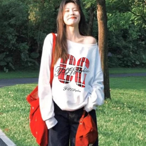 JCFS美式复古辣妹斜肩卫衣女长袖T恤2025新款慵懒风设计感上衣潮