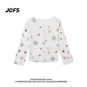 JCFS美式复古花朵印花长袖T恤女2025夏季新款冰感防晒衣宽松上衣