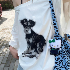 JCFS美式复古小狗印花短袖T恤女2025夏季新款斜肩显瘦休闲上衣潮