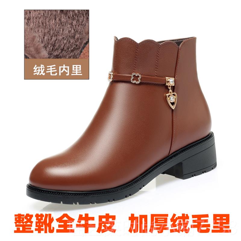 正品冬季真妈皮妈棉靴鞋皮鞋女子加绒保暖羊毛女棉中老靴年中跟女