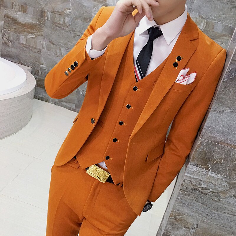 正品大码橙色新郎结婚礼服婚纱照西装两件套相亲夜店男装免烫西服