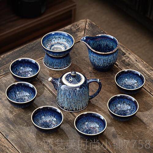 正品建盏功夫盖茶套装家用档陶具瓷碗茶壶茶杯组天高目釉茶器商务