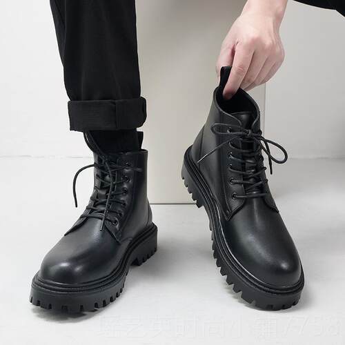 正品马丁靴男加男款英伦风冬季绒中帮皮鞋色休闲工装靴短黑靴高帮