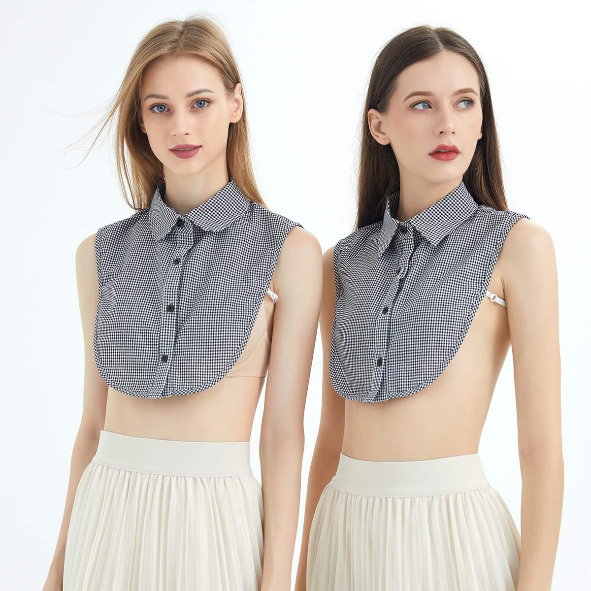 秋冬新款千鸟格尖领格子假衣领