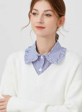 蓝色条纹假领子百褶荷叶花边半高领女士减龄打底领部装饰领配毛衣