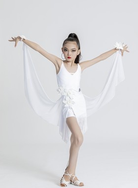 Icey新款拉丁舞高级感仙女款女童黑池高端表演服白色锦纶练功服