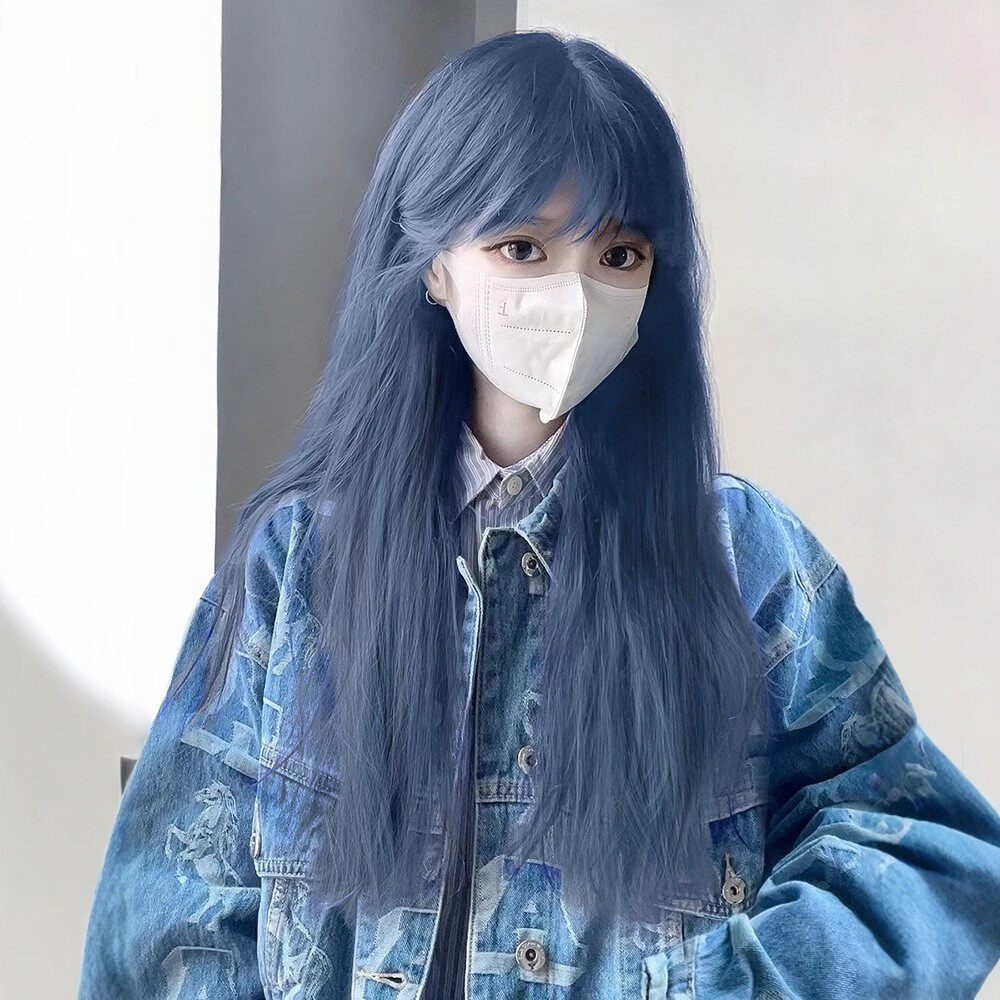 女长发挑染蓝灰色自然全头套式网红长直发发型真假发套