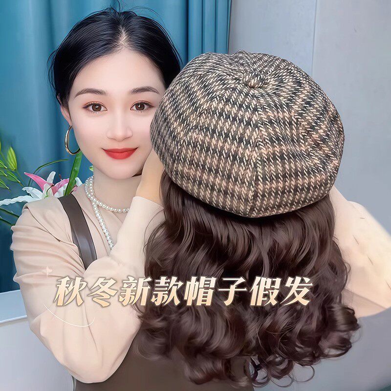 帽子假发一体女短卷发假发逼真帽子带头发秋冬千鸟格八角帽全头套