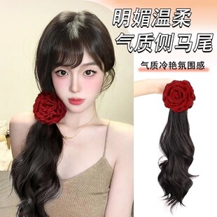 马尾假发女抓夹真发蓬松大波浪网红玫瑰气质抓夹可扎假