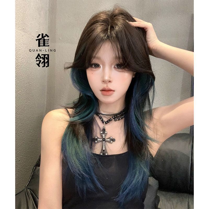 假发女高层次中长发海草绿渐变挑染全头套八字刘海甜酷风整顶头套