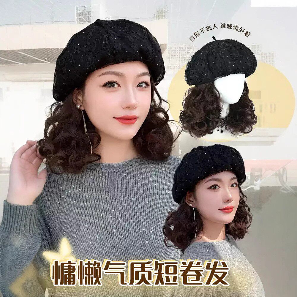 假发帽子闪钻黑蕾丝贝雷帽连帽短卷发一体洋气减龄遮白发全头套