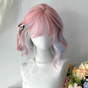 假发女粉色短发彩虹混色Lolita多巴胺jk挂耳染水波纹短卷发全头套