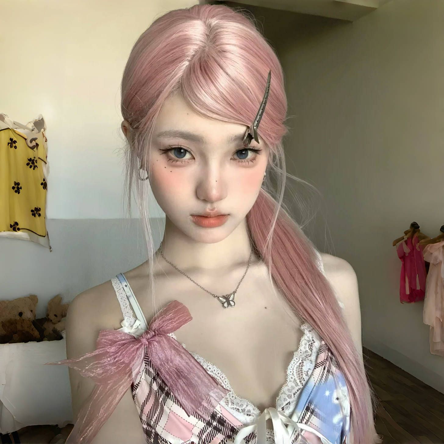 科尼【甜茶】女团粉金小额蕾丝粉色长直发层次感假发女全头套假发