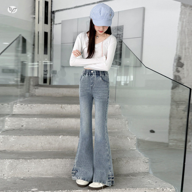 女童春装微喇牛仔裤2026年新款中大童脚口铆钉开叉喇叭裤弹力长裤