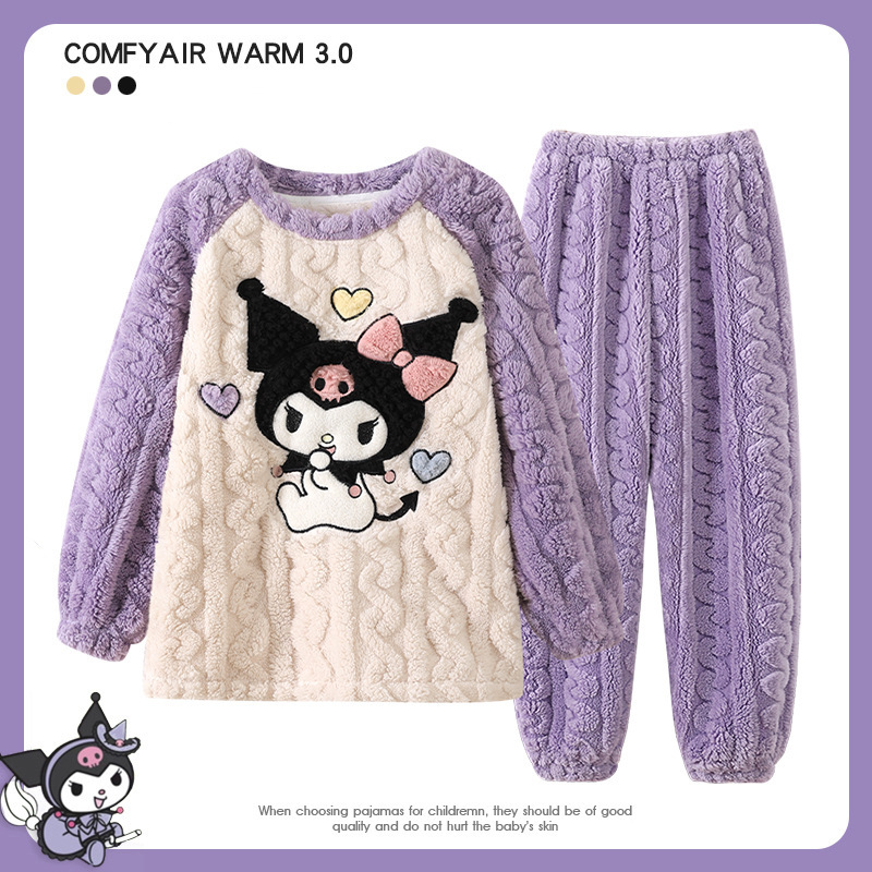 秋冬季儿童睡衣法兰绒家居服提花绒长袖女童睡衣珊瑚绒卡通可外