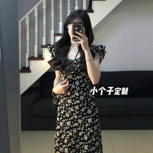 夏季小矮个子高级感碎花连衣裙女收腰法式小飞袖a字中长裙xs显高