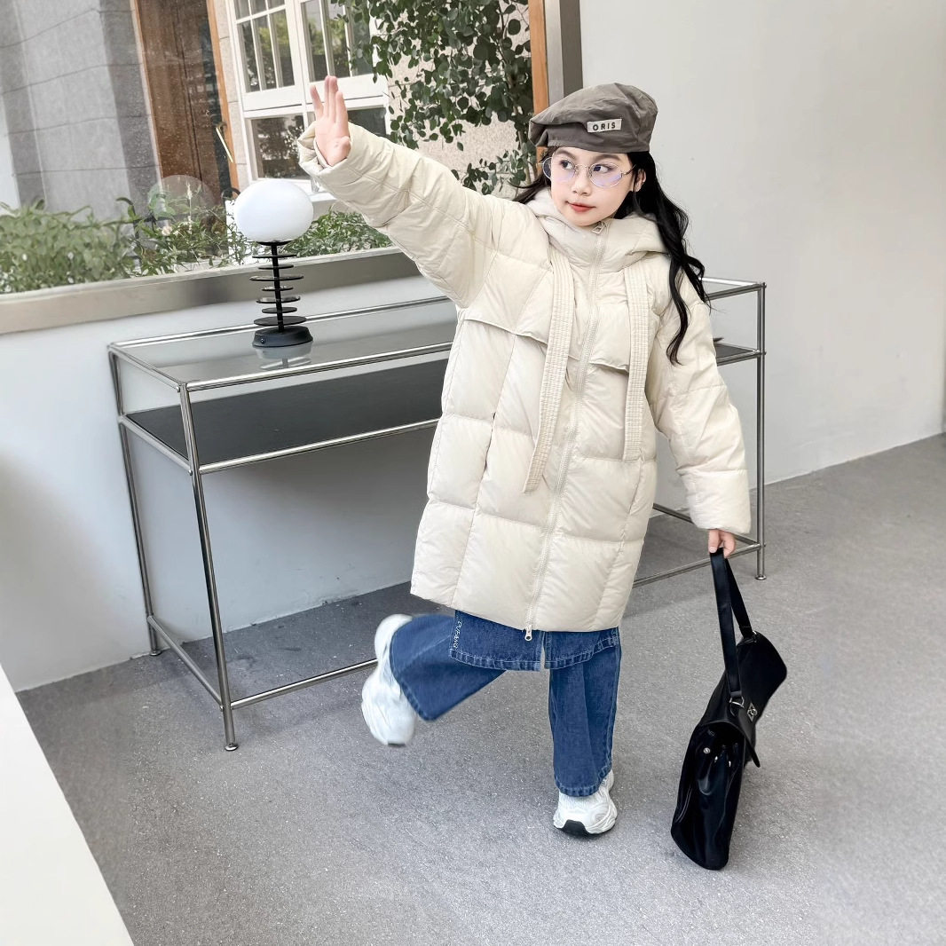 女童白鸭绒羽绒外套2024新款洋气中大童时髦冬季儿童中长款羽绒服