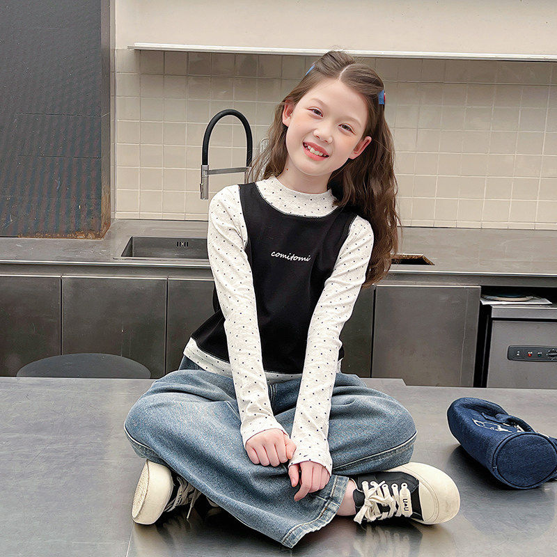 女童洋气假两件t恤儿童修身长袖上衣大童打底衫女孩2026春装新款