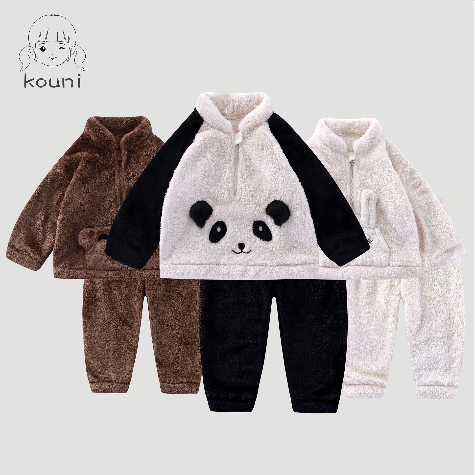儿童睡衣套装可爱熊猫小兔法兰绒家居服新款秋冬小熊卡通保暖睡衣