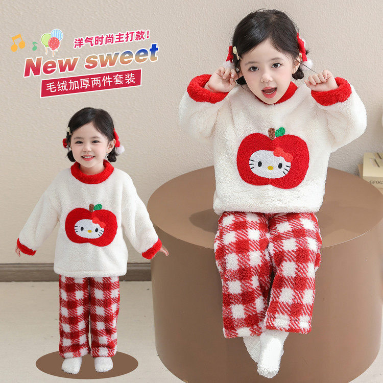 女童睡衣秋冬款2025新款珊瑚绒女宝加厚法兰绒冬季儿童家居服