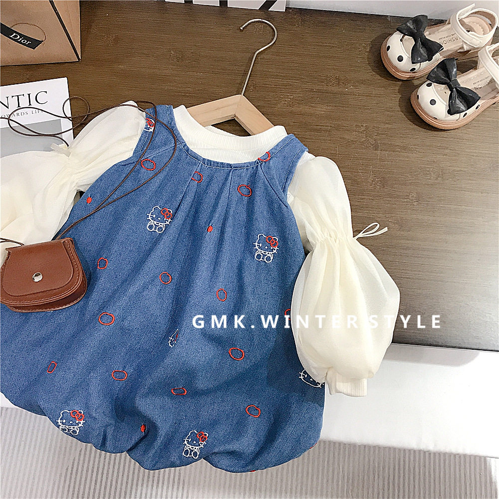 女童牛仔裙套装春装新款洋气儿童连衣裙花苞裙宝宝裙子背心裙