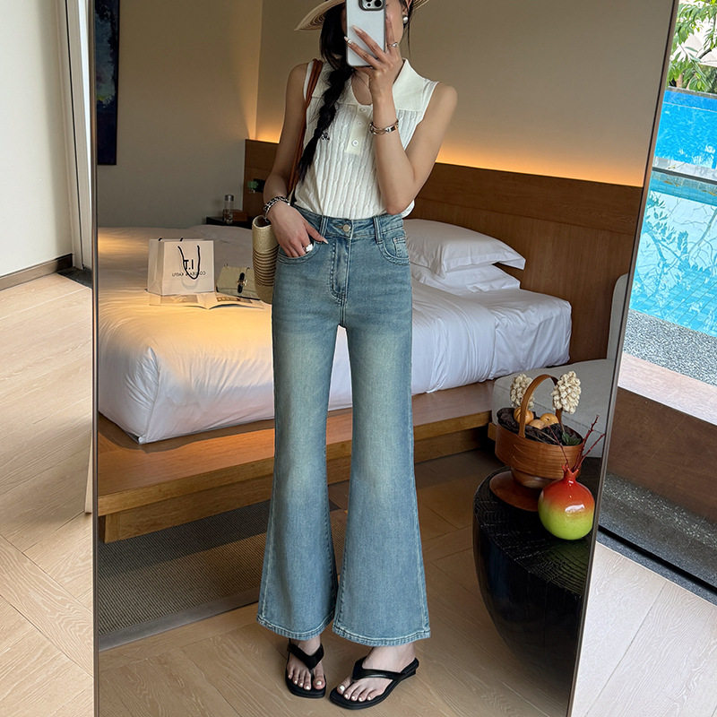 代陌嘉女装辣妹喇叭牛仔裤女春款简约高腰弹力小个子九分微辣裤