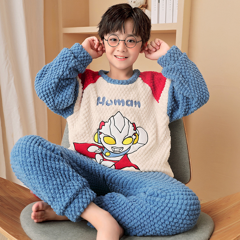 儿童珊瑚绒睡衣男童秋冬季加绒加厚法兰绒小男孩中大童家居服套装