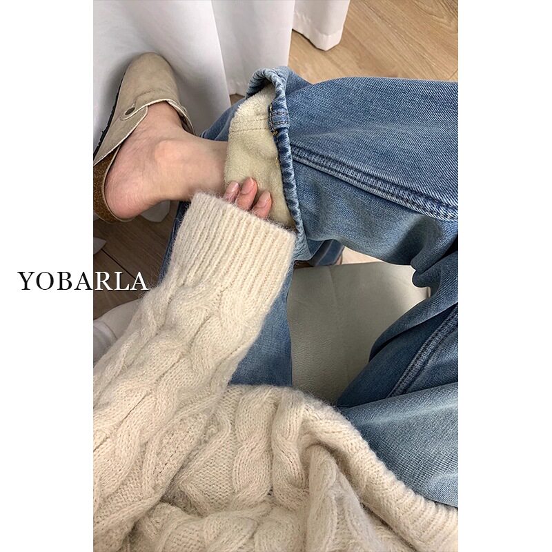 牛仔裤女高腰冬季加绒加厚大码胖mm宽松显瘦窄版梨形身材阔腿裤子