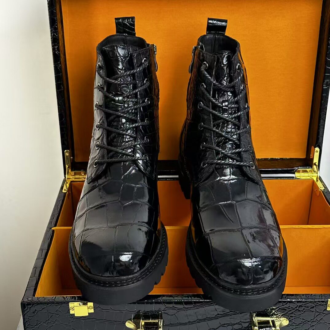 虎狼之狮新款鳄鱼肚皮男靴时尚休闲潮流男士手工马丁靴