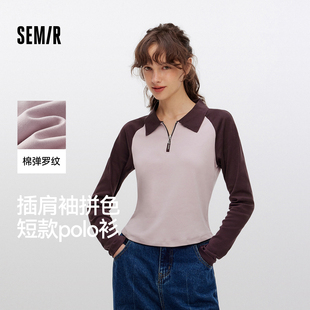 女短款 修身 森马POLO衫 拼色插肩袖 上衣小个子复古秋显瘦套头衫 时尚