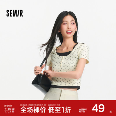 森马蝴蝶结假两件短款短袖T恤女