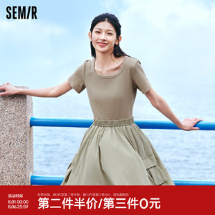 森马连衣裙女假两件盐系潮流百搭2024新款 短裙小个子 夏季 方领修身