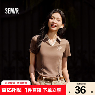 修身 森马POLO衫 复古辣妹夏季 女短款 印花上衣小心机 设计感绑带美式
